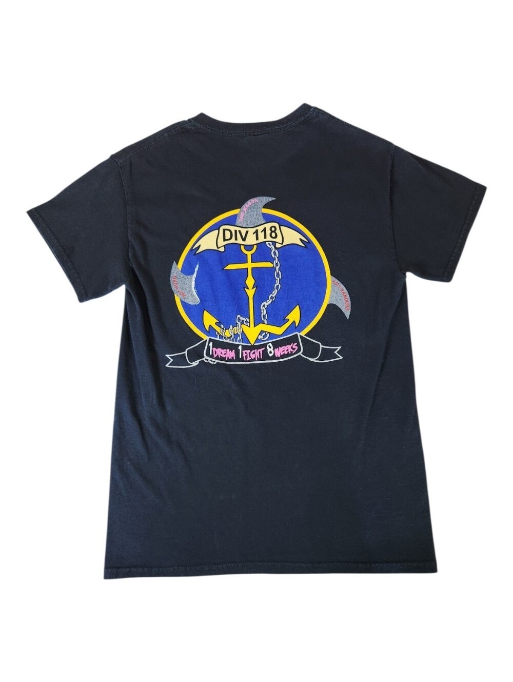 Vintage US Navy Division 118 Vertical Graphic T Shirt Faded Black Tee Small